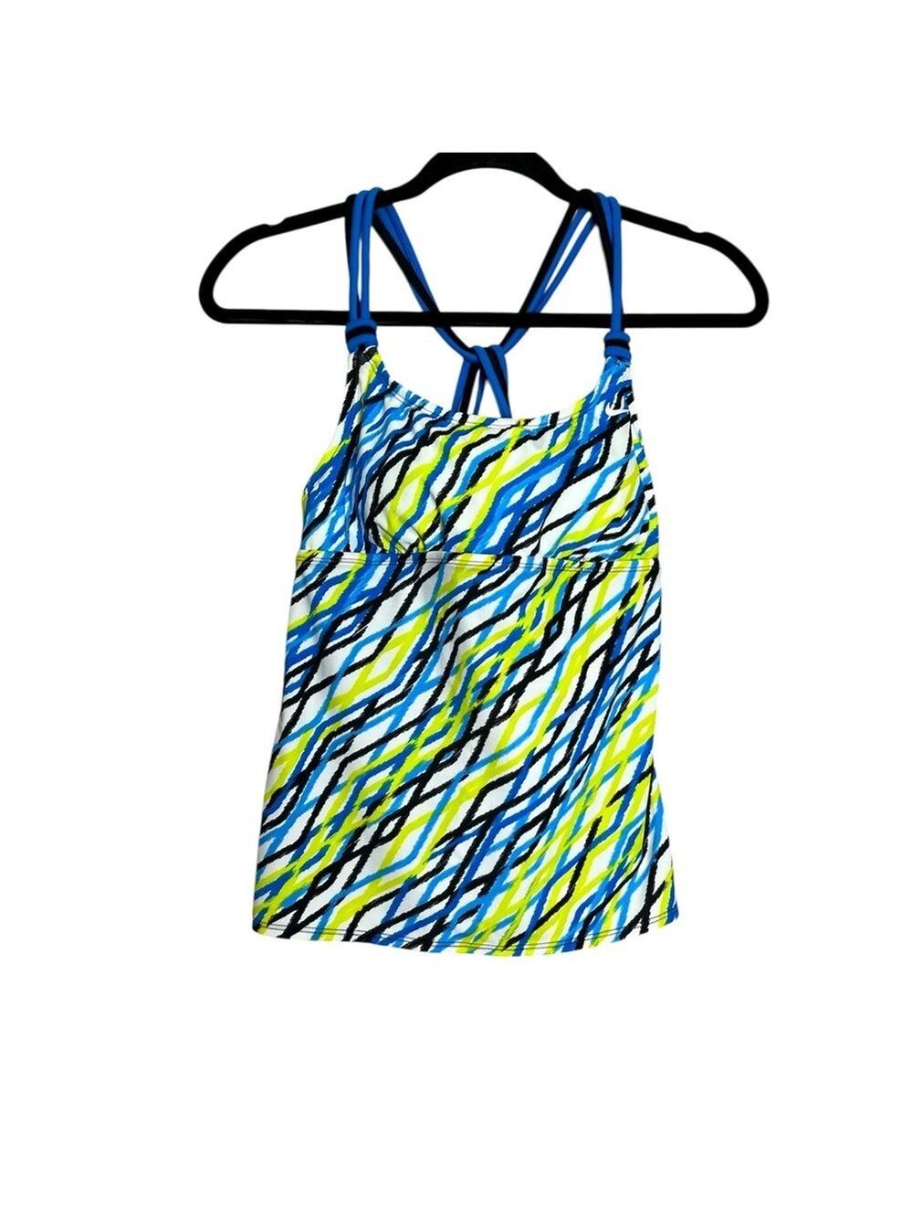 Nike Blue, Yellow and Black Patterned Strappy Crossback Tankini Top, Size 6